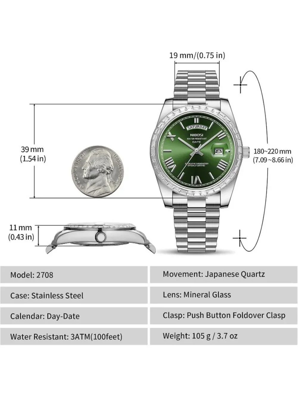 Nibosi Men's Silver Green Analog Quartz Diamond Bezel Stainless Waterproof Watch